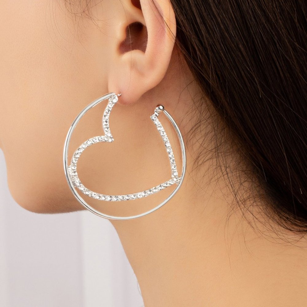 Silver Rhinestone Heart Hoop Earrings for Women